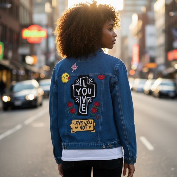 Forever 21 Jackets & Blazers - ✨NEW Limited Edition Stylish Blue Denim oversized Jacket Graphic Patches